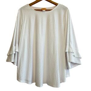 RUBY RD Top 2X White Textured Knit 3/4 Sleeve Layered Ruffle Hem Blouse Plus